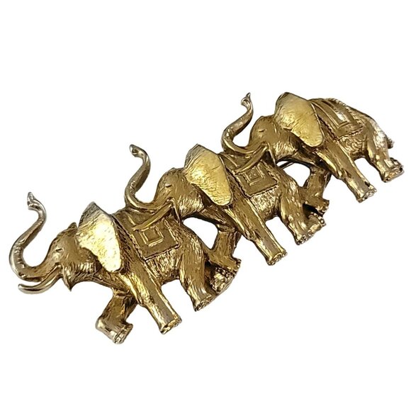 1928 Brand Gold Tone Elephant Trio Brooch Pin K531 - Picture 2 of 8